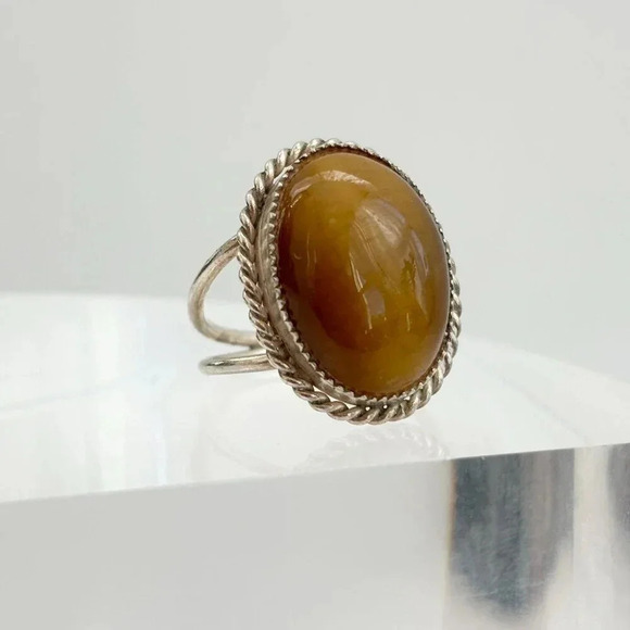 Honey Gold Natural Stone Rope Sterling Silver Unisex Cabochon Ring - sz 5.25 - Picture 2 of 10